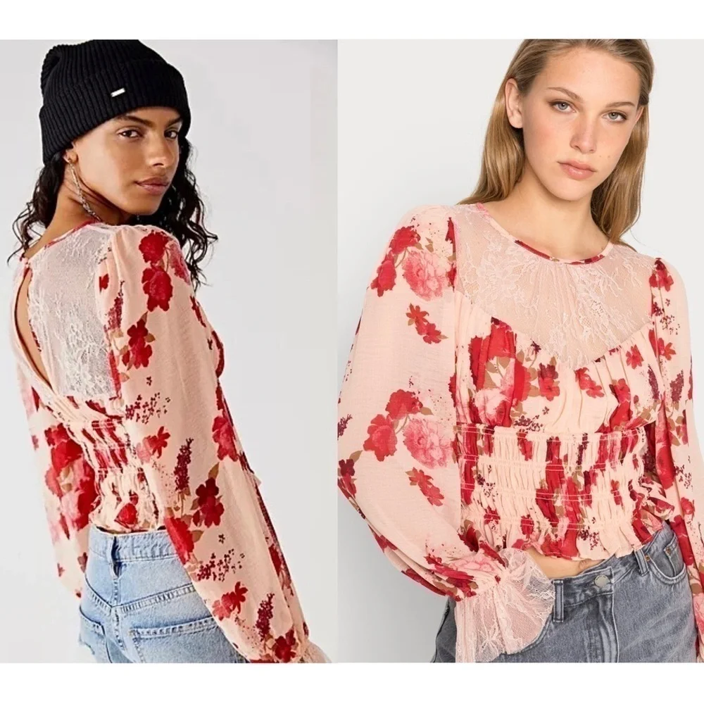 NWT FREE PEOPLE Floral Cropped Ruffle Long Sleeve Lace Smocked Regency Blouse XS